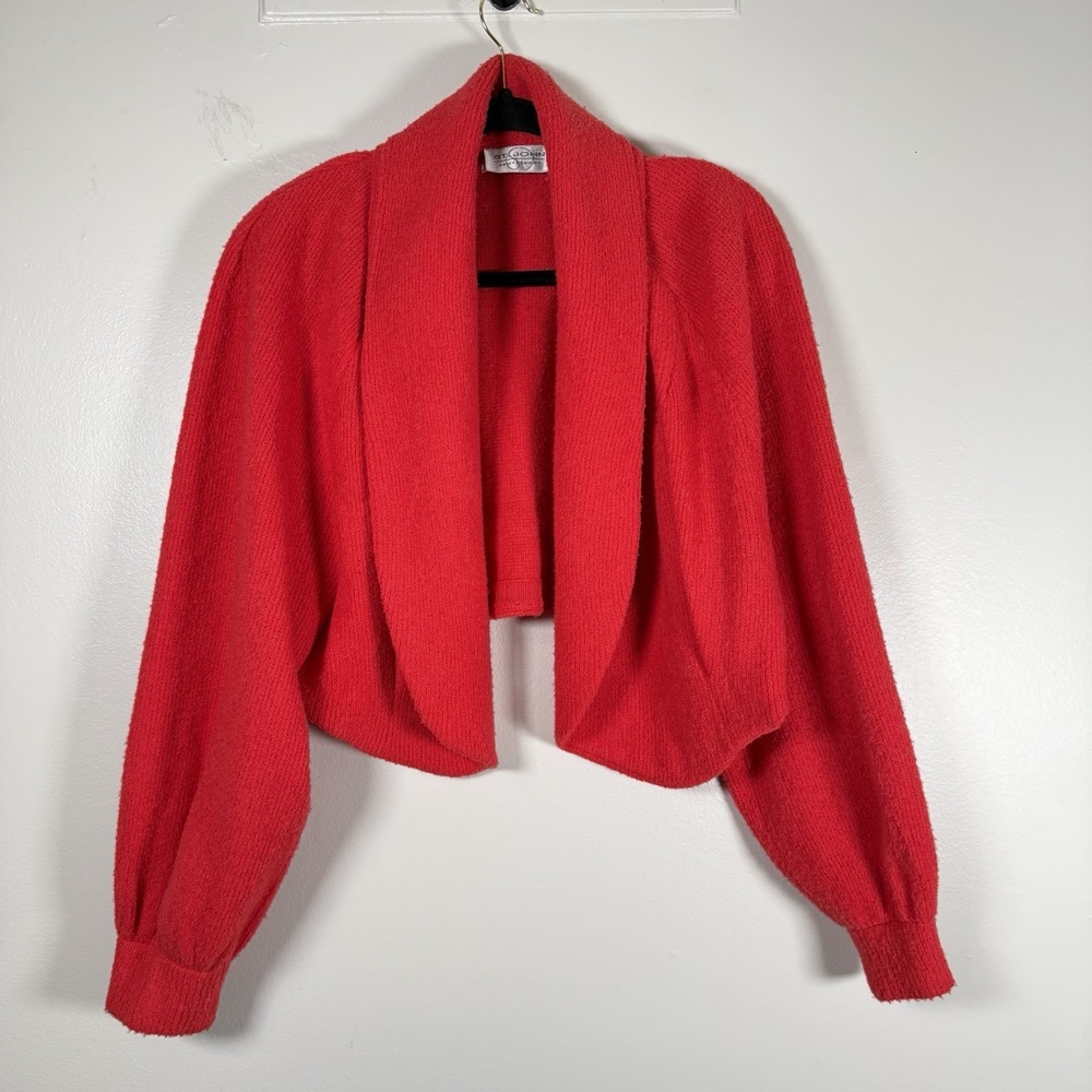 St john cardigan womens medium red bolero cropped wool open front shawl